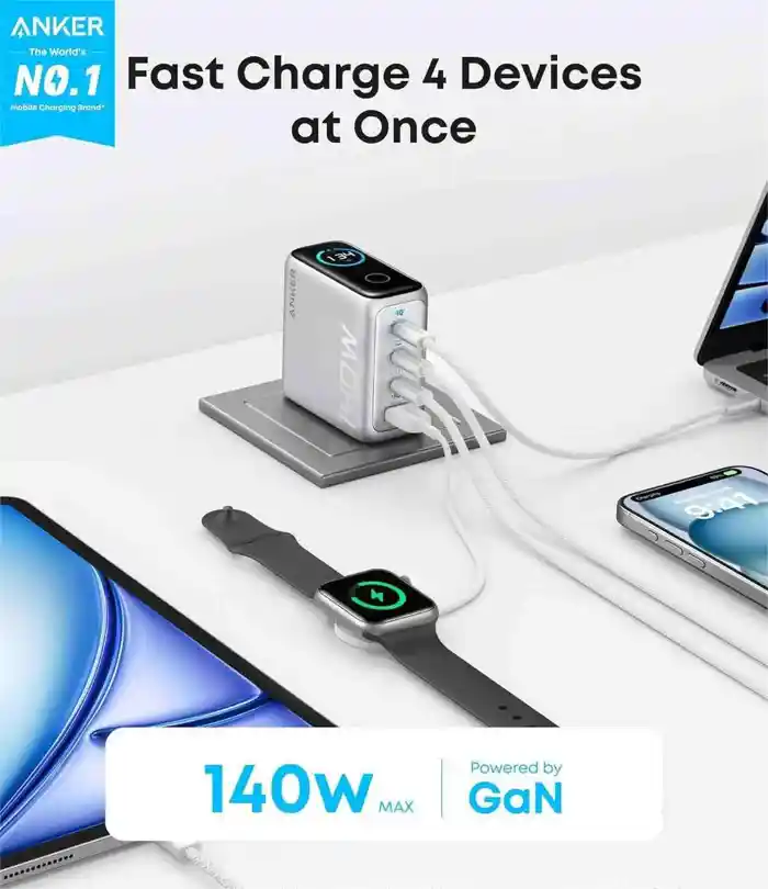 Anker Zolo 140W 4-Port Multi Device Charging GaN Power Adapter With Type-C Cable